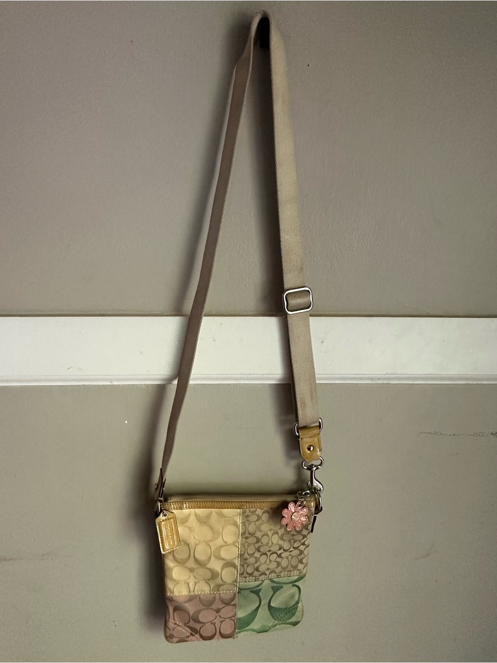 Coach Neutral Patchwork Signature Crossbody with Pink Flower Charm